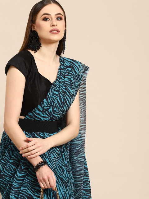 

Anouk Teal Blue & Black Printed Pleated Saree