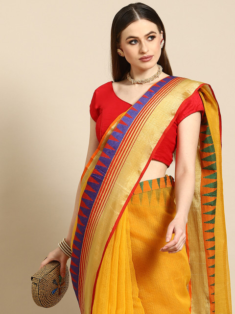 

Anouk Mustard & Red Cotton Blend Saree With Woven Design Border