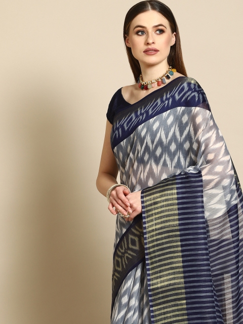 

Anouk Navy Blue & Grey Printed Saree
