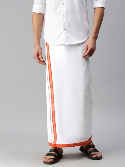 

WHITE HEART Men White Pure Cotton Solid Ready Made Mundu