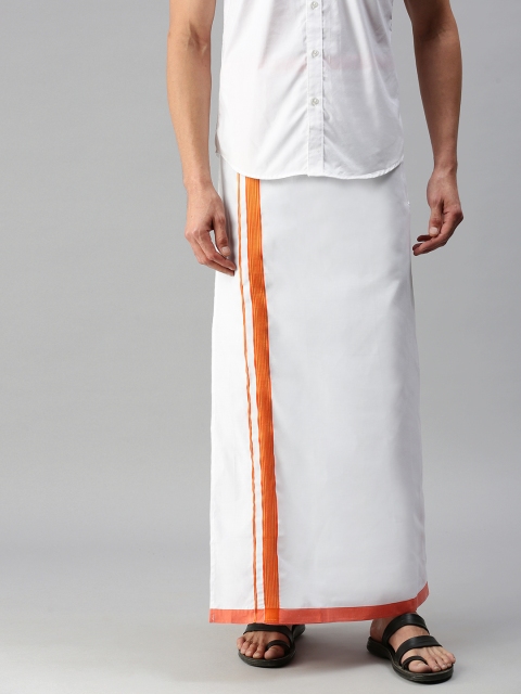 

WHITE HEART Men White Pure Cotton Solid Ready Made Mundu