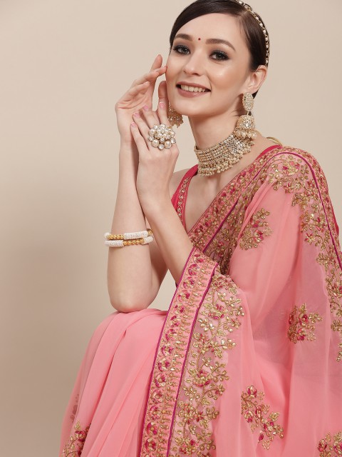 

Chhabra 555 Pink & Peach-Coloured Floral Beads and Stones Saree