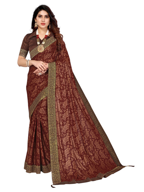 

KALINI Brown & Gold-Toned Floral Zari Saree