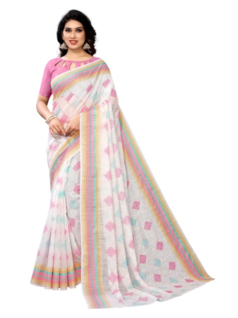 

KALINI White & Pink Printed & Embellished Saree