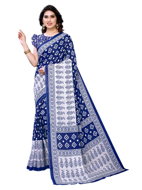 

KALINI Navy Blue & White Floral Printed Pure Cotton Saree