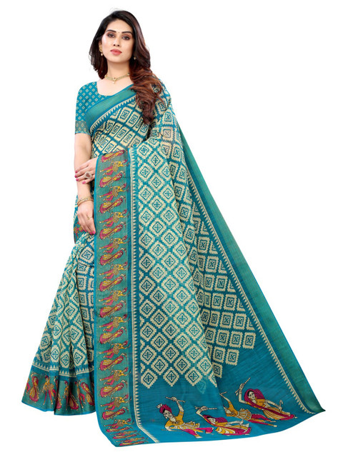 

KALINI Turquoise Blue & Yellow Ethnic Motifs Saree
