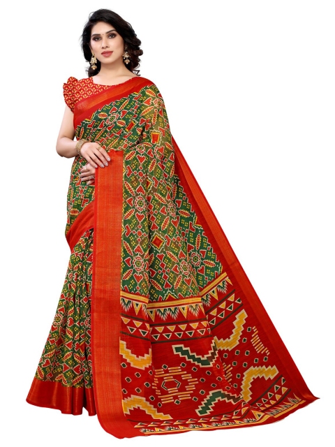 

KALINI Green & Red Ethnic Motifs Patola Saree