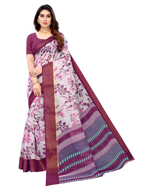 

KALINI White & Purple Floral Printed Zari Saree