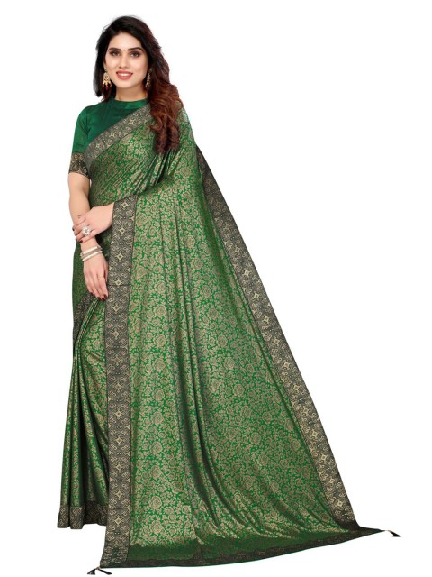

KALINI Green & Gold-Toned Floral Foil Printed Zari Saree