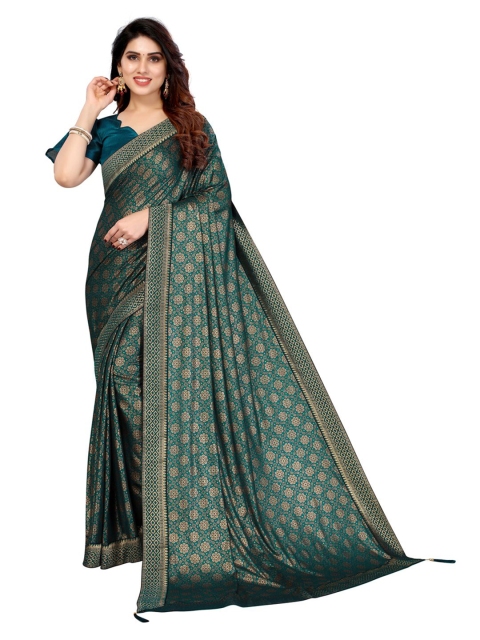 

KALINI Teal Lycra Foil Printed Saree