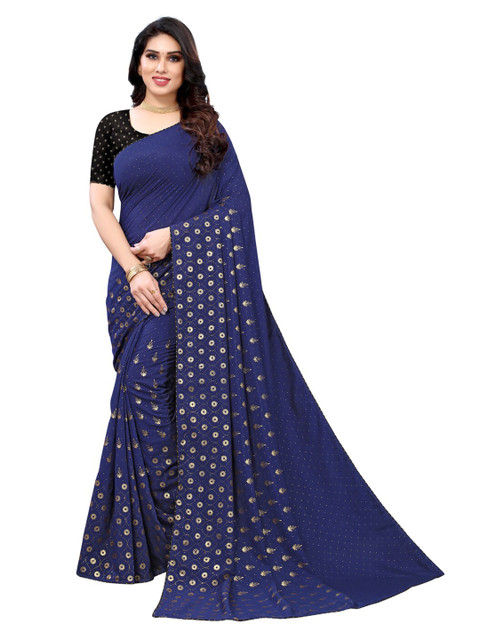 

KALINI Navy Blue & Gold-Toned Ethnic Motifs Bhagalpuri Saree