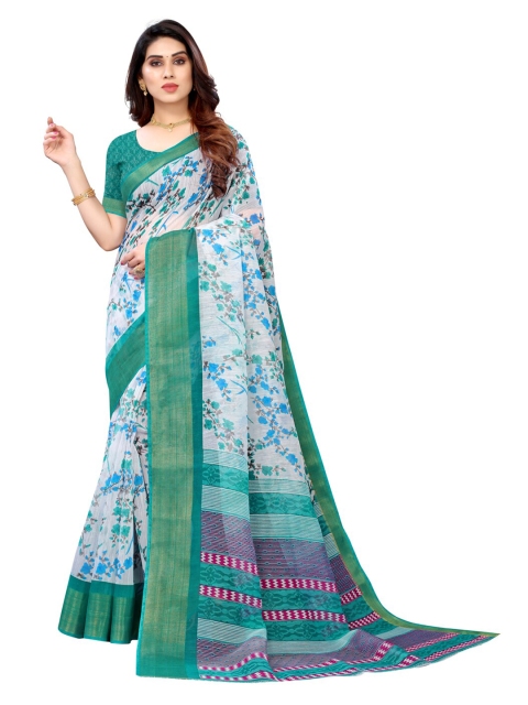 

KALINI White & Green Floral Printed Zari Saree