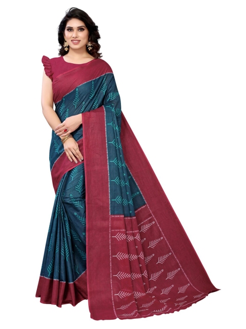

KALINI Teal & Maroon Floral Pure Cotton Saree