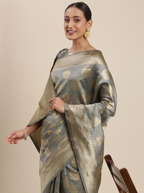 

Mitera Grey & Golden Ethnic Motifs Silk Blend Saree