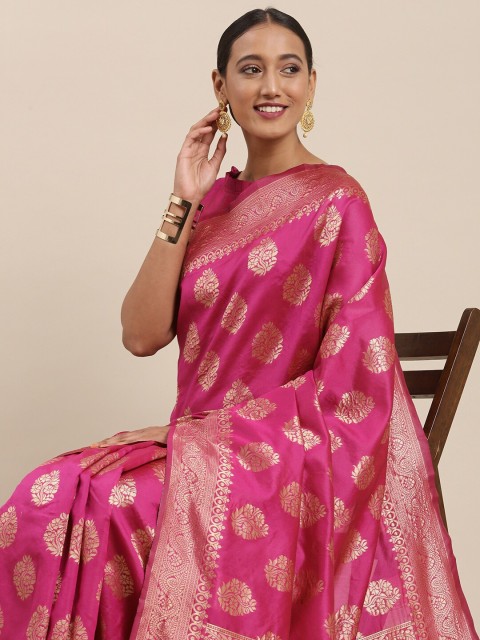 

Mitera Pink & Golden Ethnic Motifs Silk Blend Saree