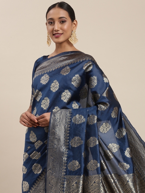 

Mitera Navy Blue & Silver Ethnic Motifs Silk Blend Saree