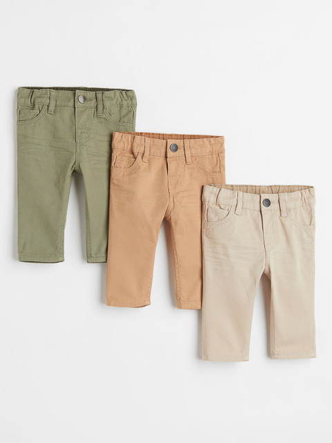 

H&M Girls Green & Beige Solid 3-Pack Twill Trousers