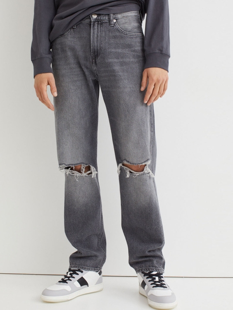 

H&M Men Grey Slash Knee Relaxed Pure Cotton Jeans