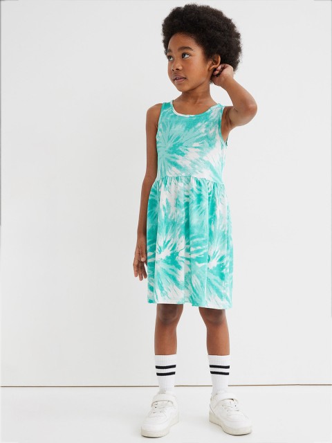 

H&M Girls Turquoise Patterned jersey dress, Turquoise blue