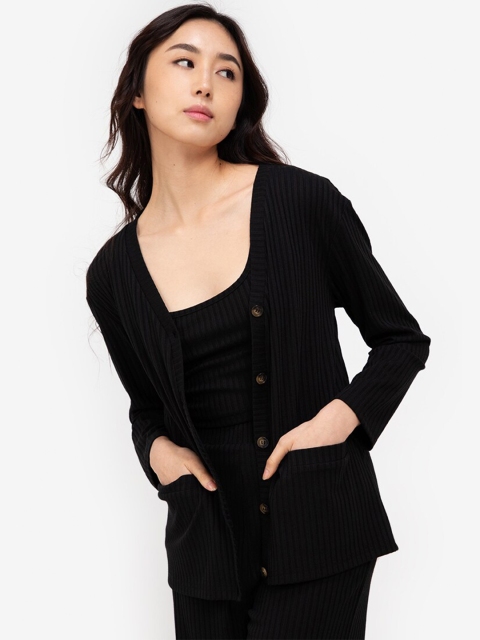 

ZALORA BASICS Women Black Lounge Ribbed Knit Cardigan