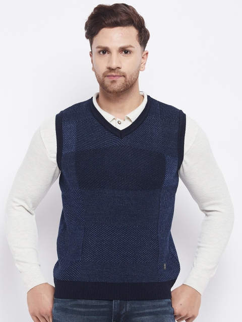 

Duke Men Navy Blue Checked Wool Sweater Vest