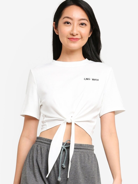 

ZALORA BASICS Women White Solid Knot Front Crop Top