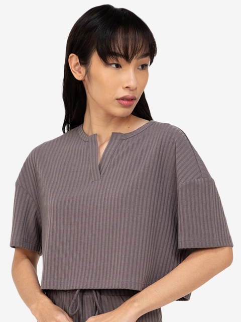 

ZALORA BASICS Grey Striped Lounge Rib Crop Top