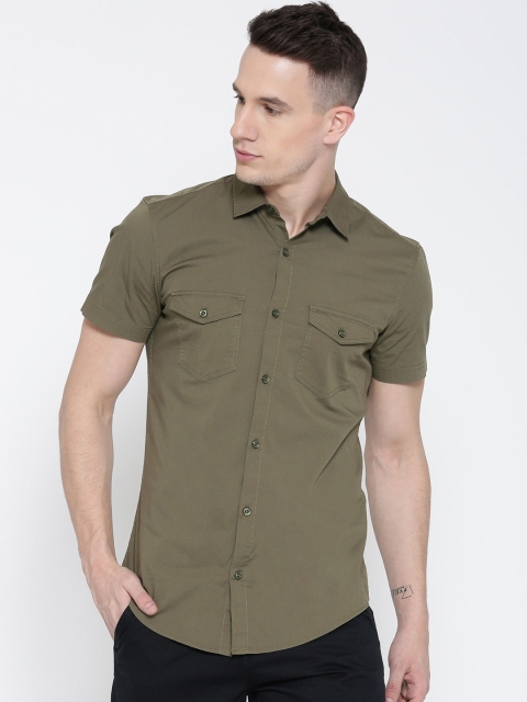

United Colors of Benetton Men Olive Green Solid Casual Shirt