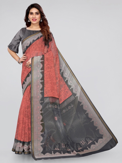 

KALINI Peach-Coloured & Grey Floral Zari Bagh Saree