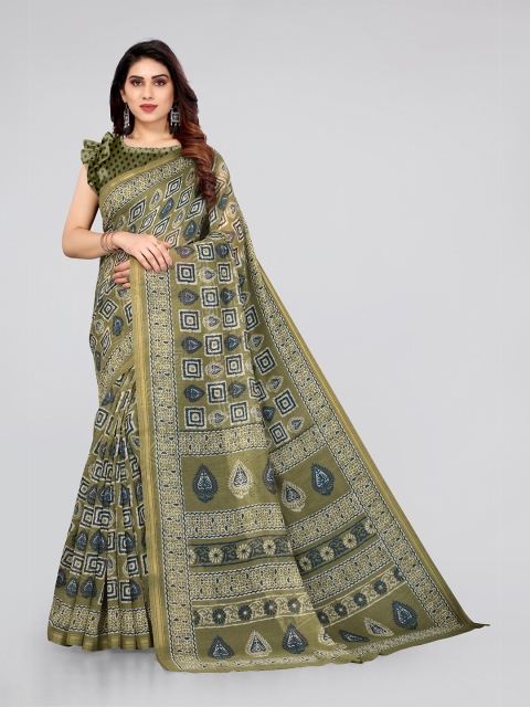 

KALINI Green & Off White Ethnic Motifs Printed Poly Cotton Saree