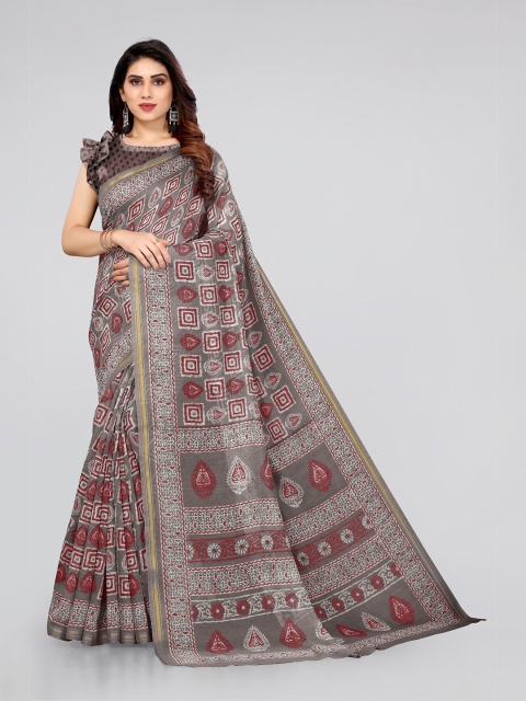 

KALINI Grey & Maroon Ethnic Motifs Printed Zari Block Print Saree