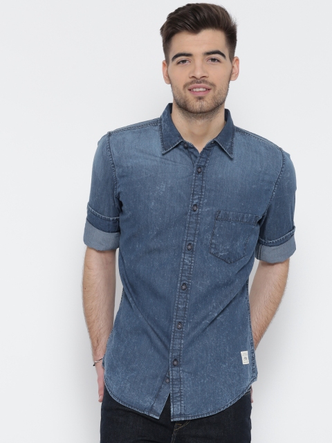 

United Colors of Benetton Men Blue Faded Denim Shirt