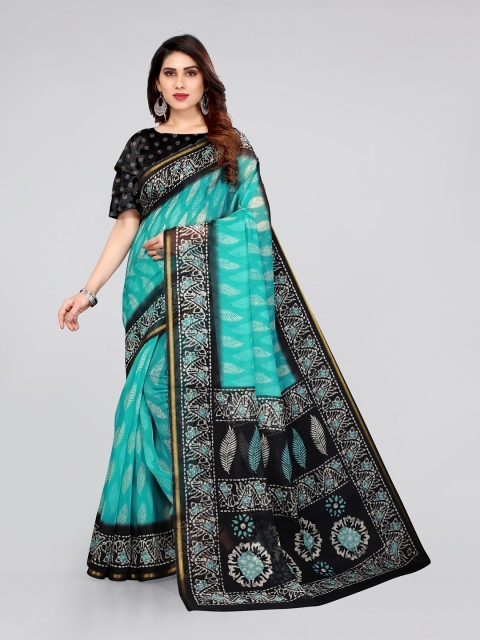 

KALINI Teal & Black Batik Zari Block Print Saree