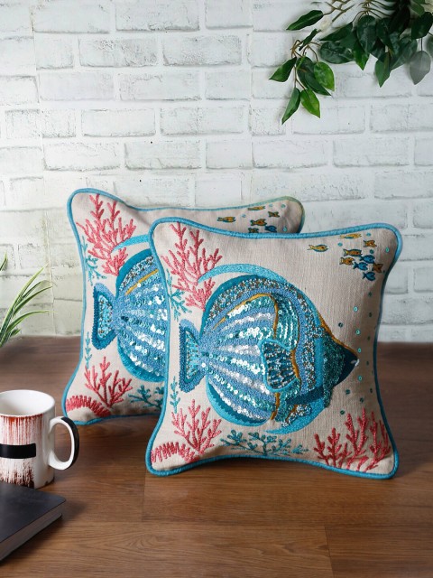 

NISRAG HOME Set Of 2 Blue & Off White Embellished Cotton Square Cushion Covers