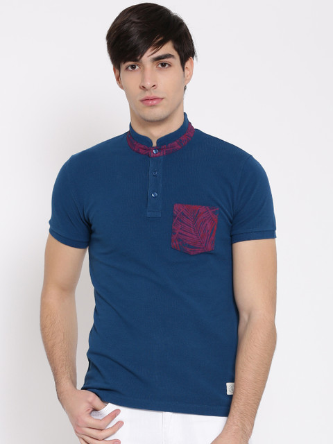 

United Colors of Benetton Men Teal Blue Solid Mandarin Collar T-shirt