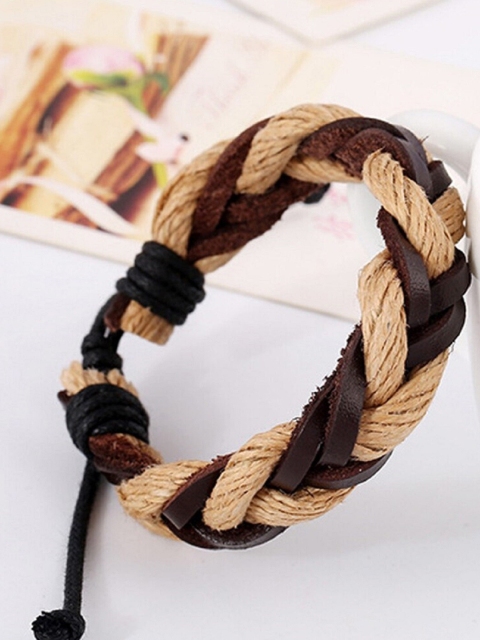 

OOMPH Men Brown & Beige Leather Braided Bracelet