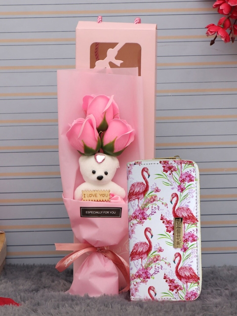 

TIED RIBBONS Pink & White Aritificial Rose Flower Bouquet with Swan Clutch Valentine Gift Combo