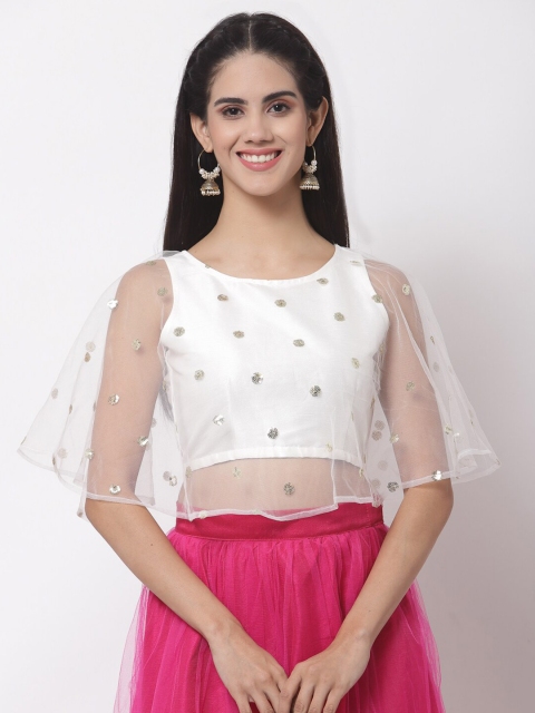 

studio rasa Off White Embellished Sheer Net Crop Top