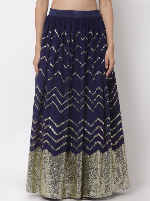 

studio rasa Women Navy Blue & Gold-Coloured Net Sequin Embroidered Maxi Skirt