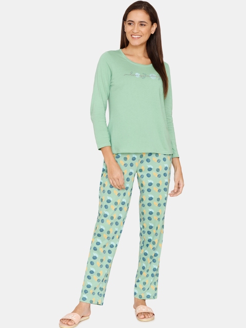 

Zivame Women Green & Blue Printed Night suit