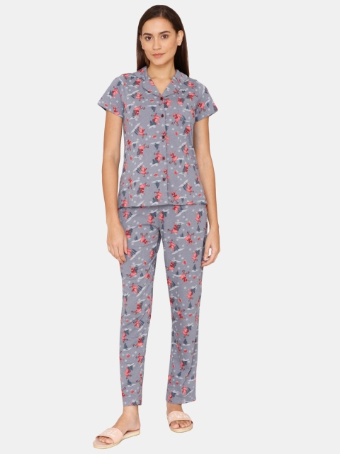 

Zivame Women Grey Animal Printed Cotton Night Suit
