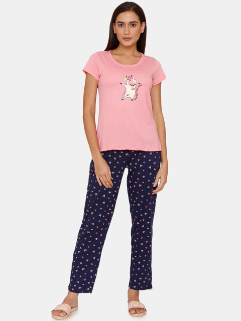 

Zivame Women Blue & Pink Printed Short Sleeves Pure Cotton Night suit