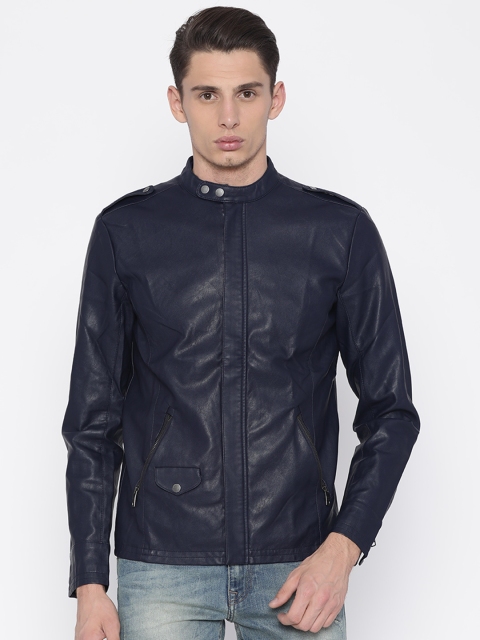 

Jack & Jones Men Navy Solid Biker Jacket, Navy blue