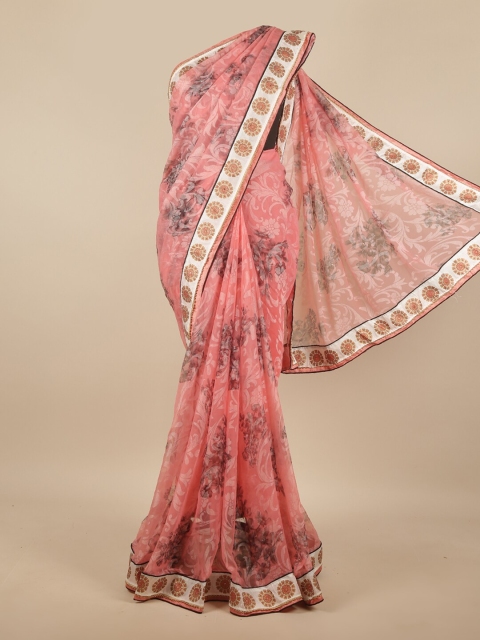 

Pothys Pink & White Ethnic Motifs Poly Chiffon Saree