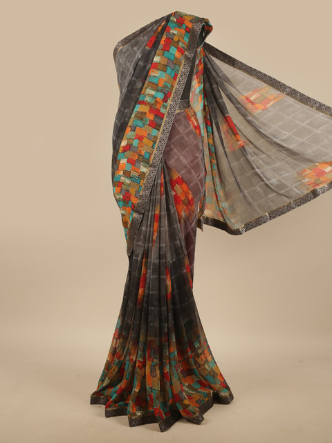 

Pothys Grey & Orange Floral Printed Saree