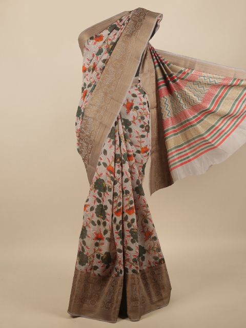 

Pothys Grey & Orange Floral Printed Zari Saree