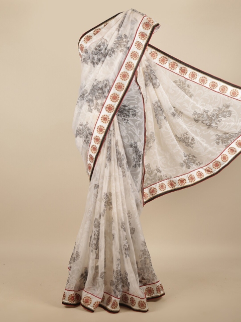 

Pothys White & Grey Floral Poly Chiffon Saree