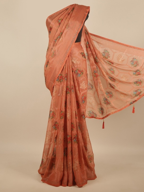 

Pothys Tan & Red Floral Beads and Stones Poly Chiffon Saree