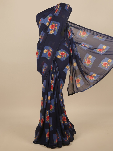 

Pothys Navy Blue & Red Floral Poly Chiffon Saree