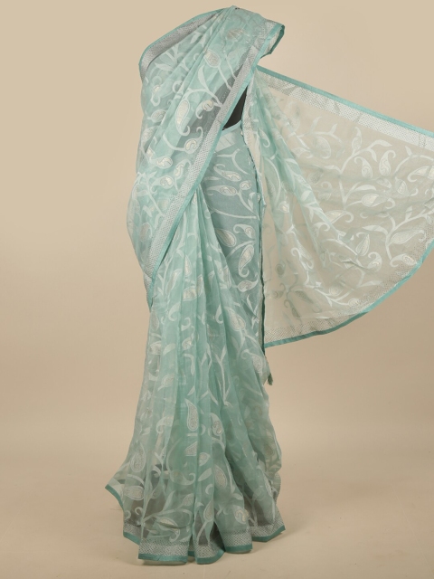 

Pothys Sea Green & White Paisley Beads and Stones Poly Chiffon Saree